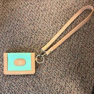 Jon Hart Teal and Tan Card Holder with Wrist Strap with letter "H"